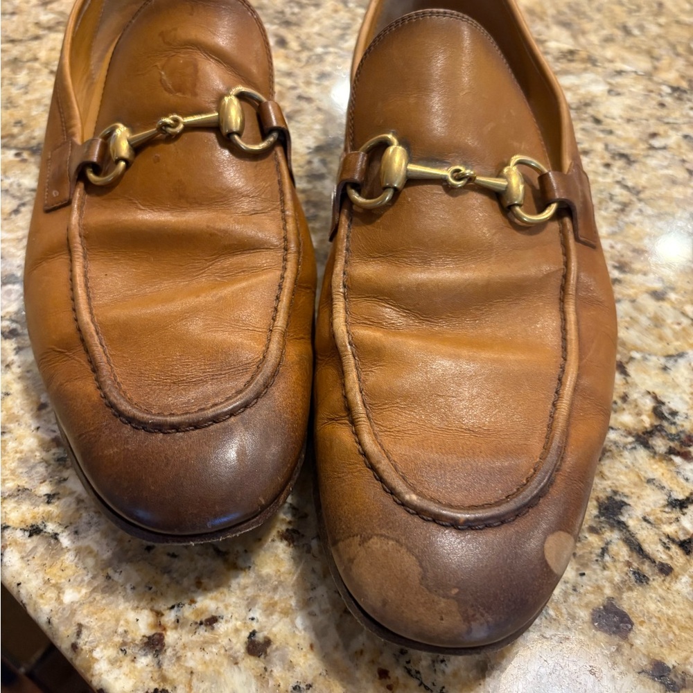 Gucci Tan Leather Loafers with Gold Detail